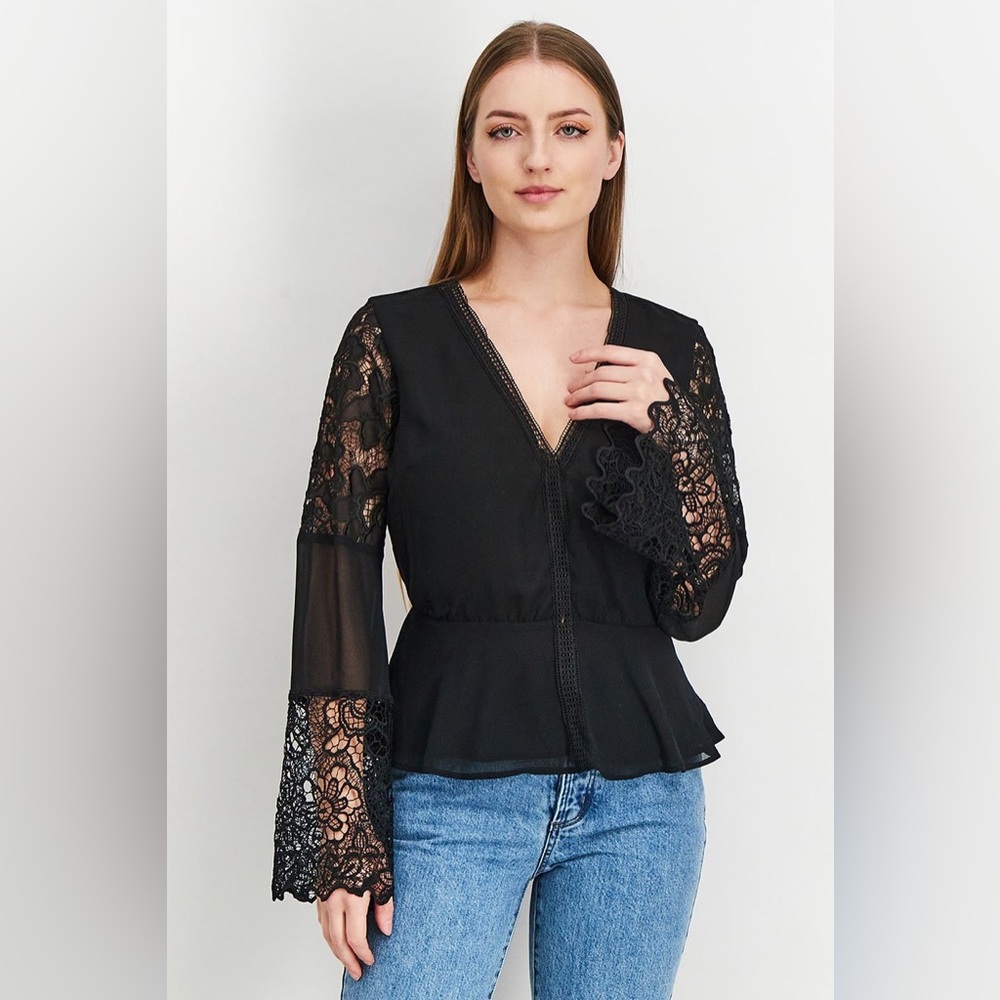 Guess Women V-Neck Long Lace Sleeves Textured Black Blouse